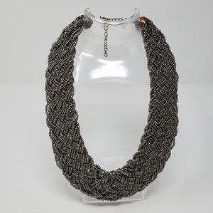 Woven Braided Collar Necklace Wide Chunky Metallic Gray Seed Bead Choker